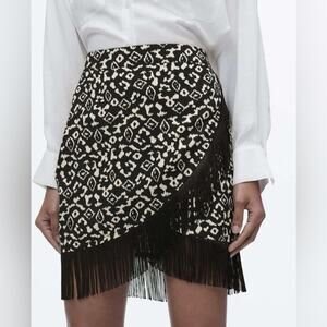 Zara Fringe Faux Wrap Mini Skirt in Black and White Pattern NWT